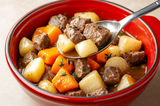 a red pot of rich and creamy braised beef, hot with steaming soup within.