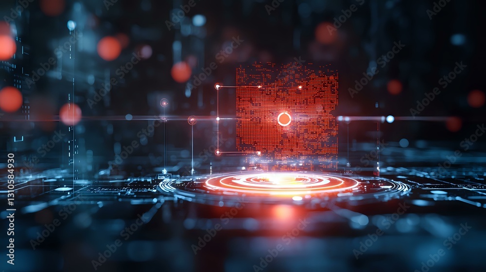 Poster futuristic holographic display with glowing red circular interface and digital grid matrix floating 