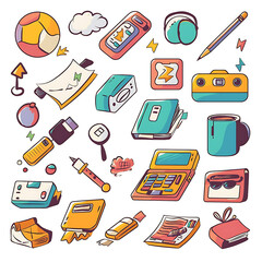 Hand-drawn doodle icons of various educational and school-related stationary items