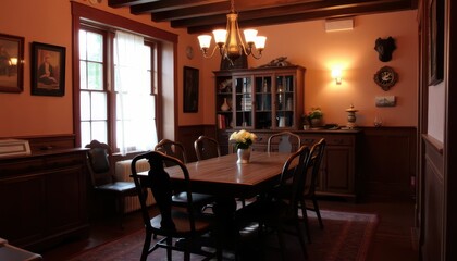 Cozy Dining Room with Rustic Charm and Warm Atmosphere