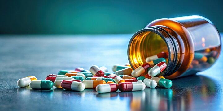 A close-up shot of a pill bottle spilling pills onto a surface, with some pills rolling away , falling objects