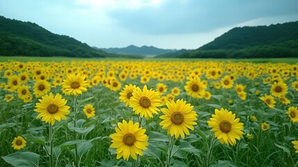 Obraz premium Sunflowers field, valley view, cloudy sky