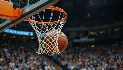 Basketball Ball Swishing Through the Hoop in a Crowded Arena