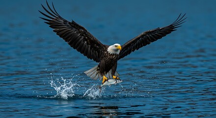 Fototapeta premium Bald Eagle Catching Fish in Blue Water with Wings Extended