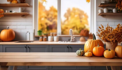 Autumn Kitchen with Wood Table and Pumpkin Decorations, Warm Hues in a Cozy Autumnal Ambiance, Perfect for Home Decor or Digital Art
