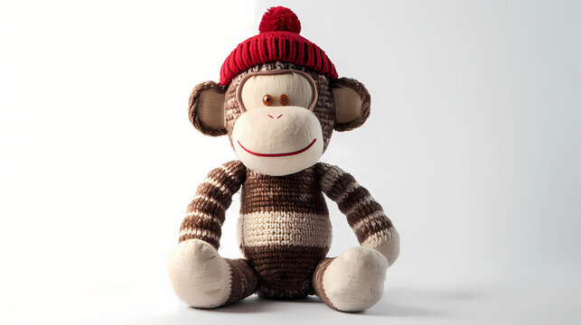 sock monkey plush toy, sitting upright on a pure white background