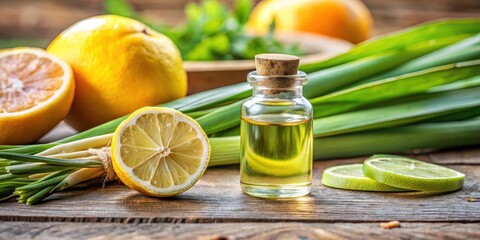 Aromatic citronella essential oil in glass vial on wooden table surrounded by fresh lemongrass and citrus slices , citronella oil, home decor