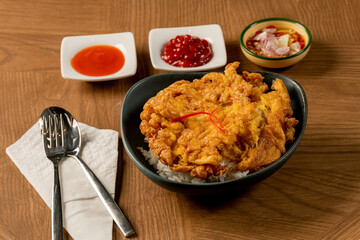 Delicious fried chicken rice cozy asian restaurant food photography