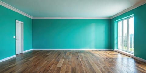 Fototapeta premium empty room with turquoise walls and wooden floor, minimalist decor, blue wall