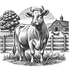 Farm Cow in Rural Landscape vector illustration