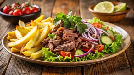 Delicious doner kebab sitting on a plate with crispy french fries and fresh mixed greens salad, garnished with lemon wedges and parsley, restaurant, meal