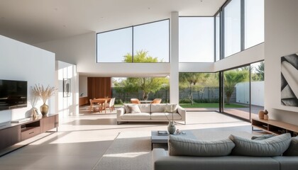 Fototapeta premium Modern Spacious Living Room with Large Windows and Natural Light