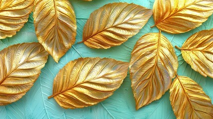 Golden leaves on teal surface