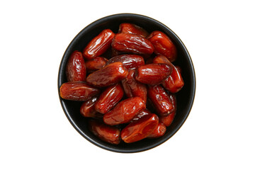 Dried dates in a black bowl, top view, isolated on white background, PNG