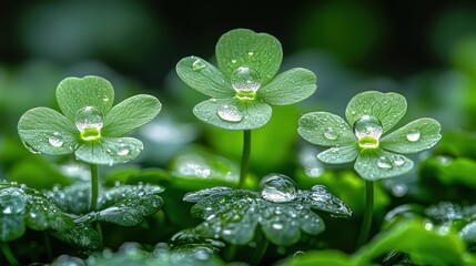 Dewy clover sprouts in garden