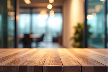 Modern Office Space Blurred Background with Wooden Table Top