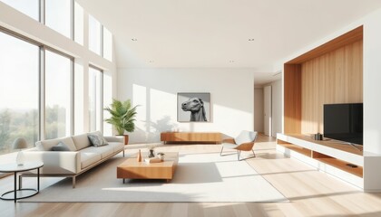 Fototapeta premium Modern Bright Living Room with Large Windows and Stylish Decor