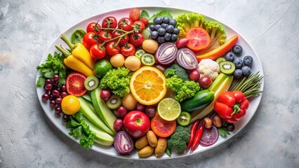 Colorful arrangement of various vegetarian fruits and vegetables on a plate, arranged in a circular pattern, with some items overlapping each other , vegetarian diet, fruit salad