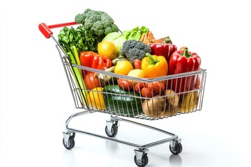 shopping cart full of vegetables and fruits with white isolated background