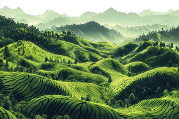 Lush Green Mountains with Intricate Tea Plantations and Hills