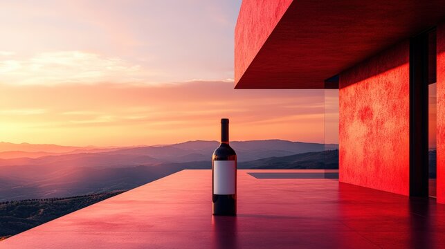 A sleek wine bottle with a blank label stands on a minimalist terrace, overlooking a breathtaking sunset over rolling hills.