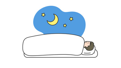 睡眠：布団で横になって眠る男性