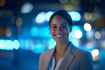 Young smiling business woman posing confidently, dressed in modern business clothes, against a backdrop of tech city with illuminated office building. Inovation, Startup, Bank, Fintech.