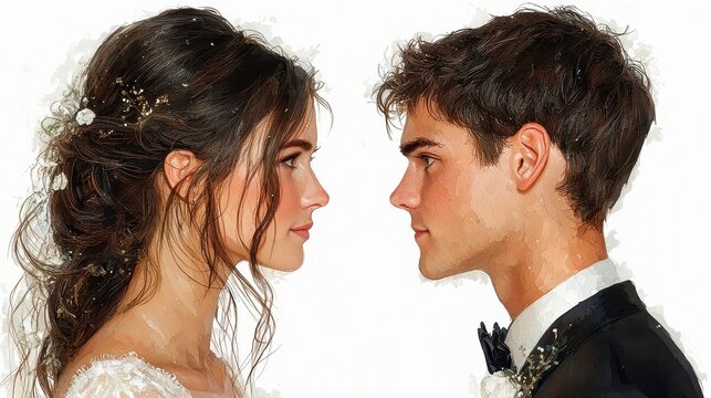 A beautiful bride and groom celebrating their love during a wedding ceremony isolated on a pure white background