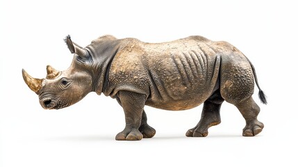 Fototapeta premium A majestic rhino standing proudly in its natural habitat captured against a bright white background for realistic wildlife photography