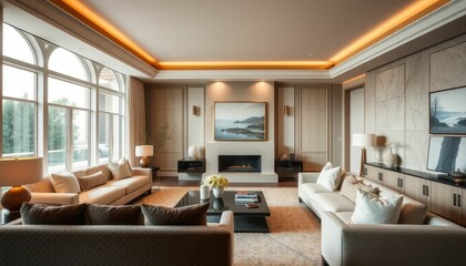 Fototapeta premium Elegant Modern Living Room with Cozy Seating and Large Windows