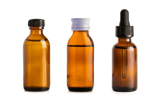 Amber glass bottles collection for cosmetic , medicine and essential oil isolated on white background.