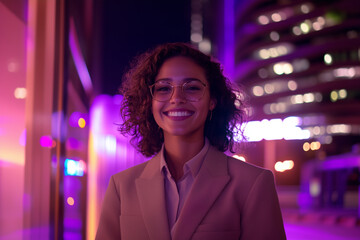 Obraz premium Young smiling business woman posing confidently, dressed in modern business clothes, against a backdrop of tech city with illuminated office building. Inovation, Startup, Bank, Fintech.