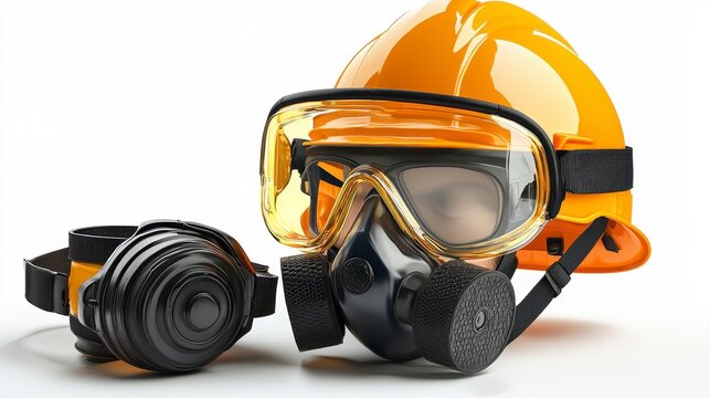 Essential worker safety equipment featuring a helmet and goggles isolated on a white background for realistic representation