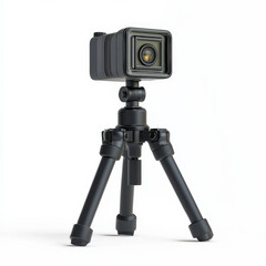 A compact black camera mounted on a sturdy tripod, designed for photography and videography.