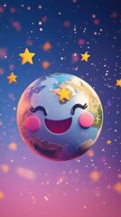 Joyful Earth: A 3D Render of a Happy Planet Surrounded by Stars and Sparkling Dust