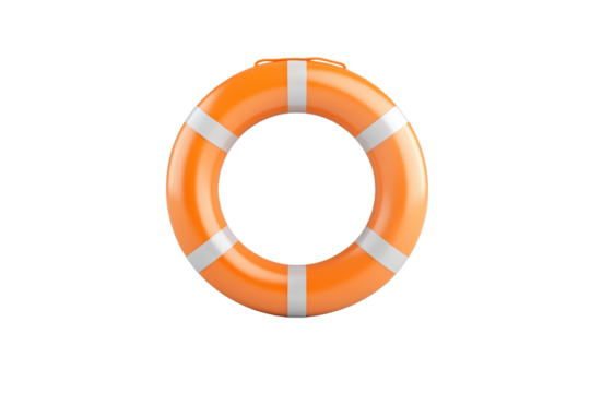 Bright orange life preserver sits on a white background, isolated