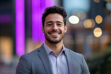 Obraz premium Young smiling business man posing confidently, dressed in modern business clothes, against a backdrop of tech city with illuminated office building. Inovation, Startup, Bank, Fintech.
