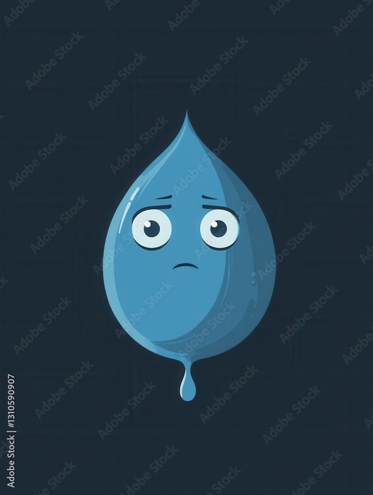 Poster Sad blue water drop with eyes expressing emotion in minimalist style featuring a simple and clean design