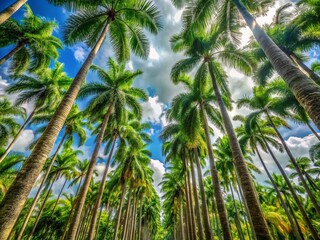 Fototapeta premium Lush Tropical Landscape with Tall Areca Palm Trees, Betel Nut Palms, Sunny Day