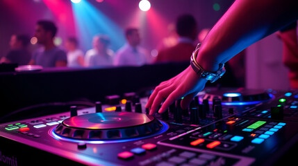 Obraz premium Close up of Dj mixes the track in nightclub at party Hands of dj tweak various track controls on dj's deck, DJ mixing, nightclub party, DJ deck, track controls, DJ hands, party scene, DJ booth