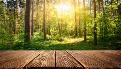 Sunlit Forest Tableau Vintage Wooden Table Stands Amidst SunKissed Canopy, Embraced by Warm Hues and Dappled Light, in the Serene Solitude of a Luminous Forest Glade.