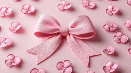 Pink Bow, Floral Background, Flat Lay