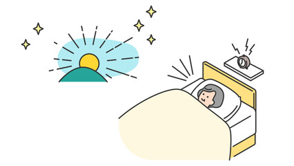 睡眠：朝、ベッドで目覚めるシニア女性