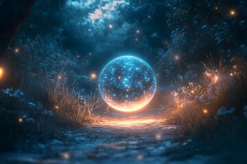 Obraz premium Glowing Magical Orb in Enchanting Fantasy Forest Landscape with Ethereal Lights