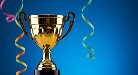 Golden Trophy Cup with Colorful Ribbons Against a Blue Background