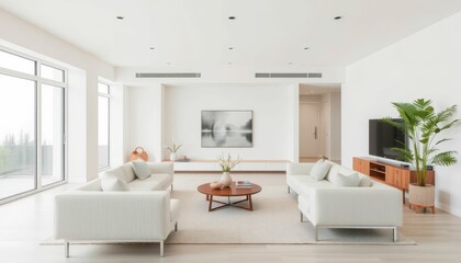 Fototapeta premium Modern Minimalist Living Room with Bright Natural Light and Art