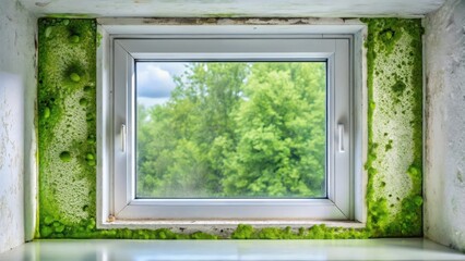 Obraz premium Moldy Plastic Window Frame, green mold, sink, green mold, sink, discoloration, grime, kitchen, dampness, bathroom, peeling