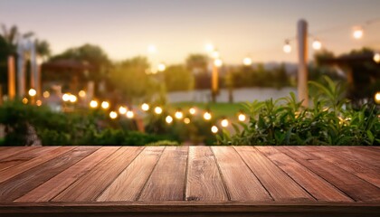 Fototapeta premium Rustic charm meets modern elegance A wooden table, bathed in soft summer twilight, sets the stage for a stylish outdoor gathering on a terrace adorned with lush greenery and warm amber accents,
