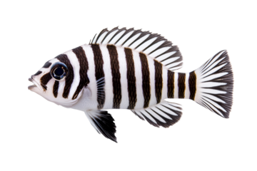 Striped fish with a black eye and white stripes, isolated
