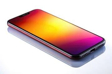Modern phone closeup, showcasing its sleek silhouette and reflective screen against a clean white backdrop.